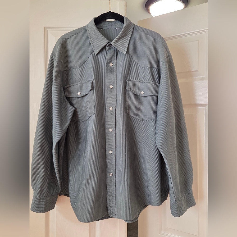 Haband Men's Long Sleeve Green Ribbed Corduroy Pearl Snap Button-Up Shirt Sz L